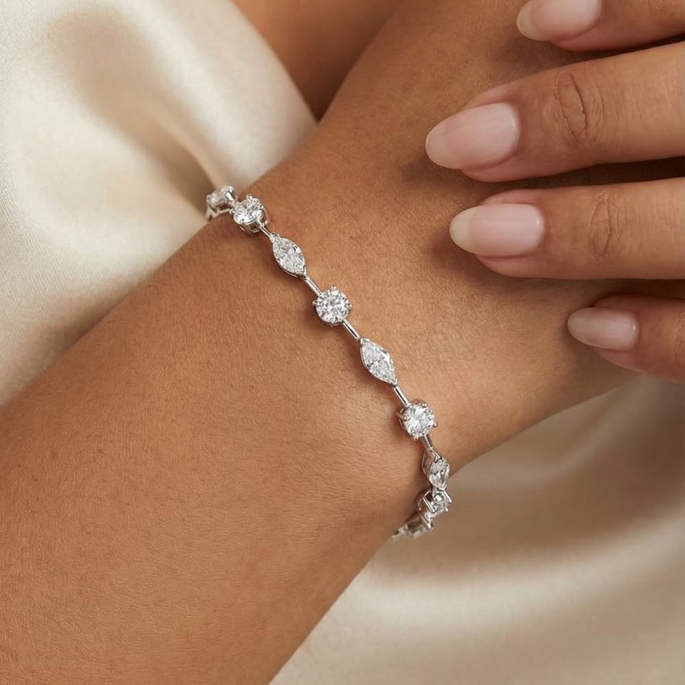 Pompeii 8Ct Mixed Cut Diamond Tennis Bracelet 7" 14k White Gold Lab Grown - Size 7 (EF,VS)