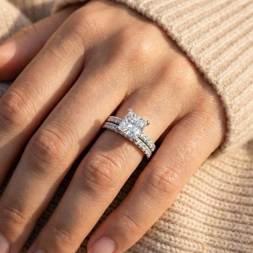 Pompeii Certified 1.90Ct Princess Cut Diamond Engagement 14k Wedding Ring Set Lab Grown - Size 4.5 (F/G,VS1-VS2)