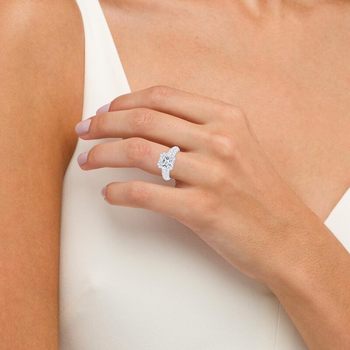 Houston Diamond District 1.75 to 6.75 Carat LAB GROWN Diamond Halo Style Baguette And Pave Set Round Cushion Cut Diamond Engagement Ring (E-F Color VS2-SI1 Clarity) 14K White Gold 1.75 Carat Size-7