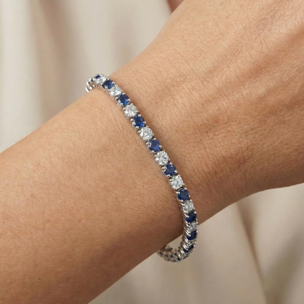 Pompeii 8 Ct Blue Sapphire & Diamond Tennis Bracelet 14k White Gold
