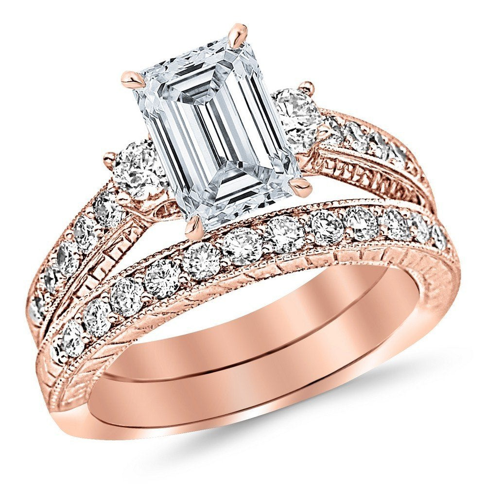3 Carat Emerald Cut Lab Grown Diamond Vintage Bridal Set in 14K Rose Gold