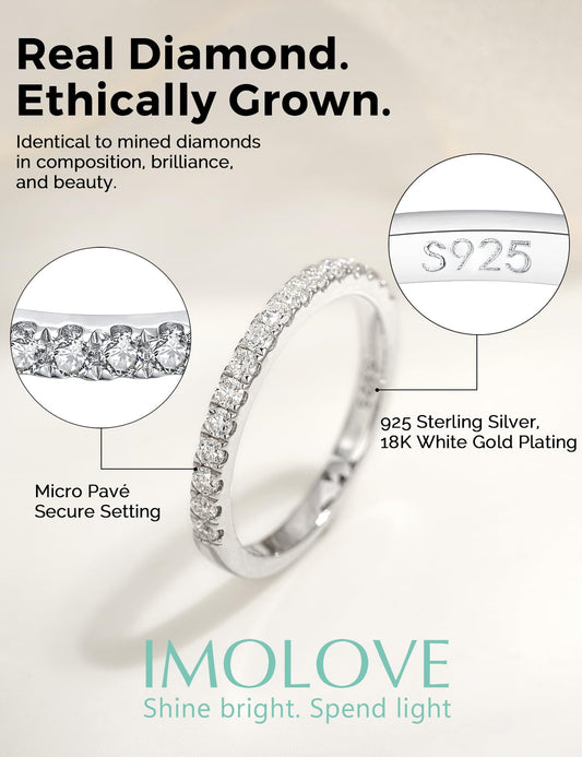 IMOLOVE Lab Grown Diamond Wedding Bands for Women, 0.42 Carat Eternity Rings in 18K White Gold Plated Sterling Silver Size 6