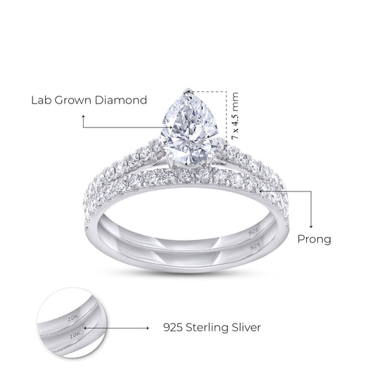 Lab Grown Diamond Pear And Round Shape Teardrop Bridal Ring Set In 14k White Gold Over Sterling Silver