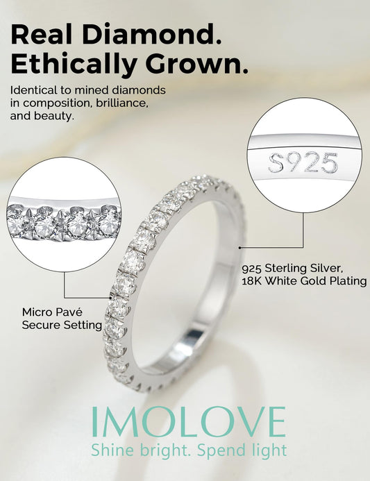 IMOLOVE Lab Grown Diamond Wedding Bands for Women, 1 Carat Thin Eternity Anniversary Rings in 18K White Gold Plated Sterling Silver Size 7