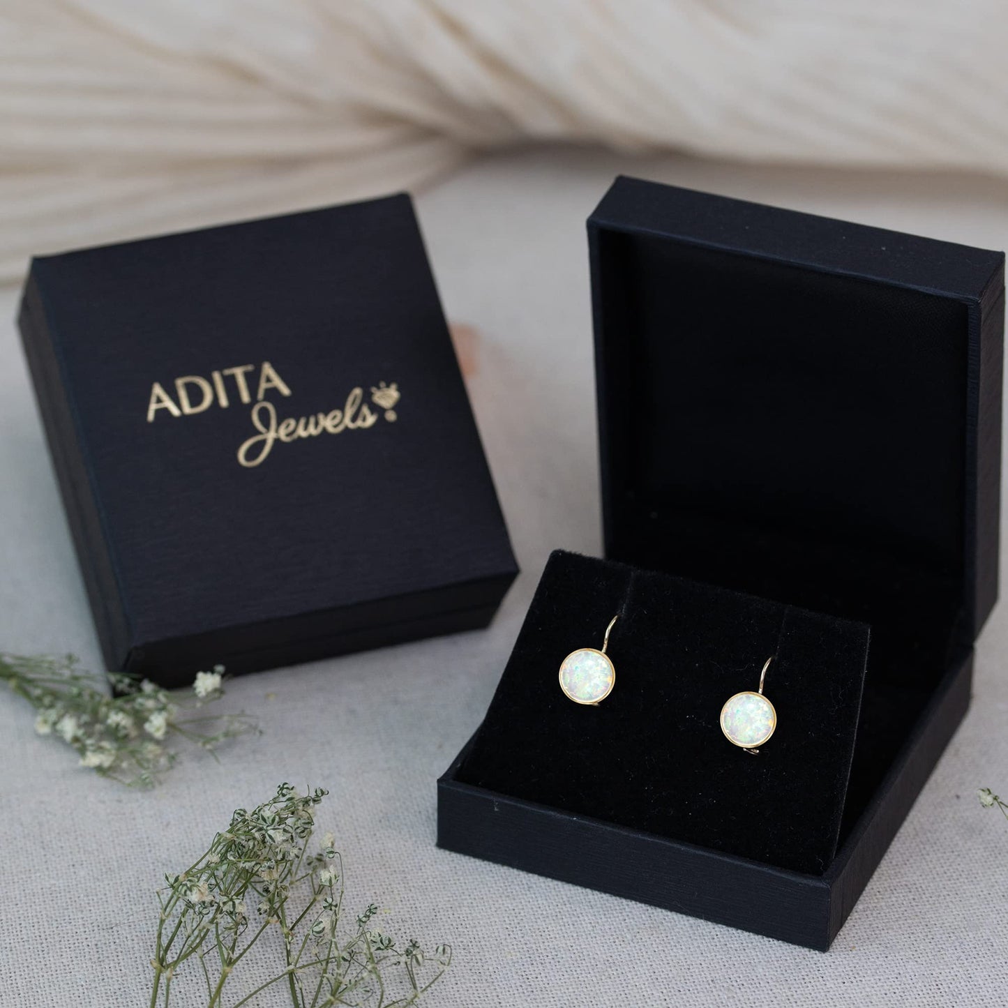 14K Solid Gold White Opal Dangle Earrings - Graduation Gift for Her
