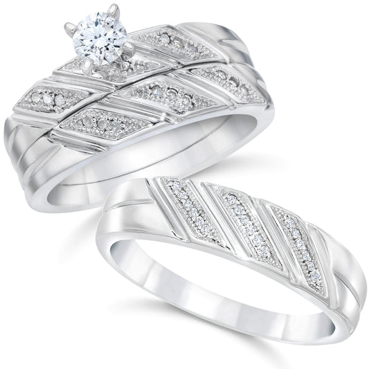 P3 POMPEII3 Pompeii 1/3ct His & Hers Diamond Trio Engagement Wedding Bridal Ring Set 10K White Gold - Size Women's 6.5 / Men's 6
