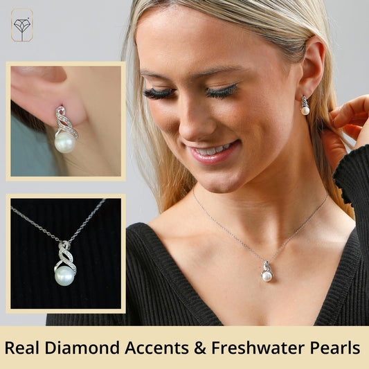 MAX + STONE 925 Sterling Silver Freshwater Cultured Pearl & Diamond Jewelry Set