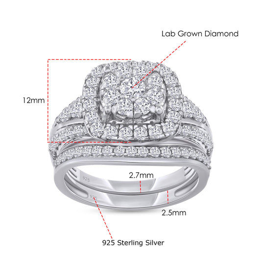 Double Halo Round Lab Grown Diamond Bridal Engagement Ring Set In 14k White Gold Plated Sterling Silver
