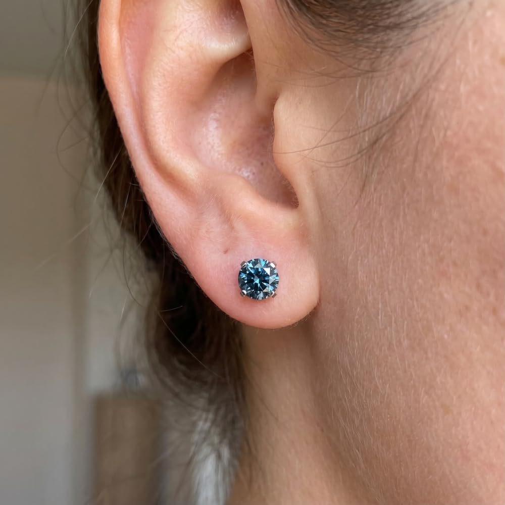 Pompeii 1 Ct T.W. Blue Lab Grown Diamond Studs 14K White Gold Earrings (Blue,SI(2)-SI(1))
