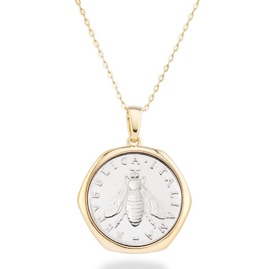 Miabella 925 Sterling Silver 18K Gold Italian Lira Bee Coin Necklace