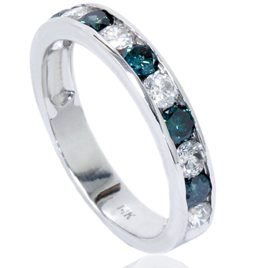 Pompeii 1Ct Channel Set Blue & White Diamond Ring 14K White Gold Lab Grown - Size 9 (G/H,VS)