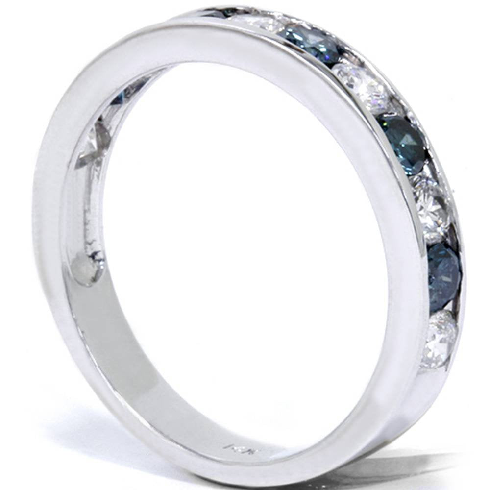 Pompeii 1Ct Channel Set Blue & White Diamond Ring 14K White Gold Lab Grown - Size 9 (G/H,VS)