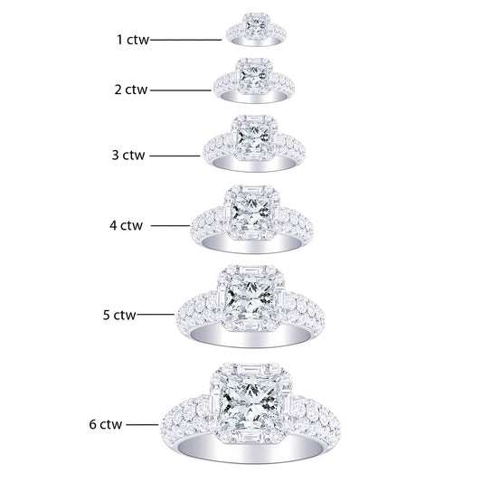 Houston Diamond District 1.75 to 6.75 Carat LAB GROWN Diamond Halo Style Baguette And Pave Set Round Cushion Cut Diamond Engagement Ring (E-F Color VS2-SI1 Clarity) 14K White Gold 1.75 Carat Size-7