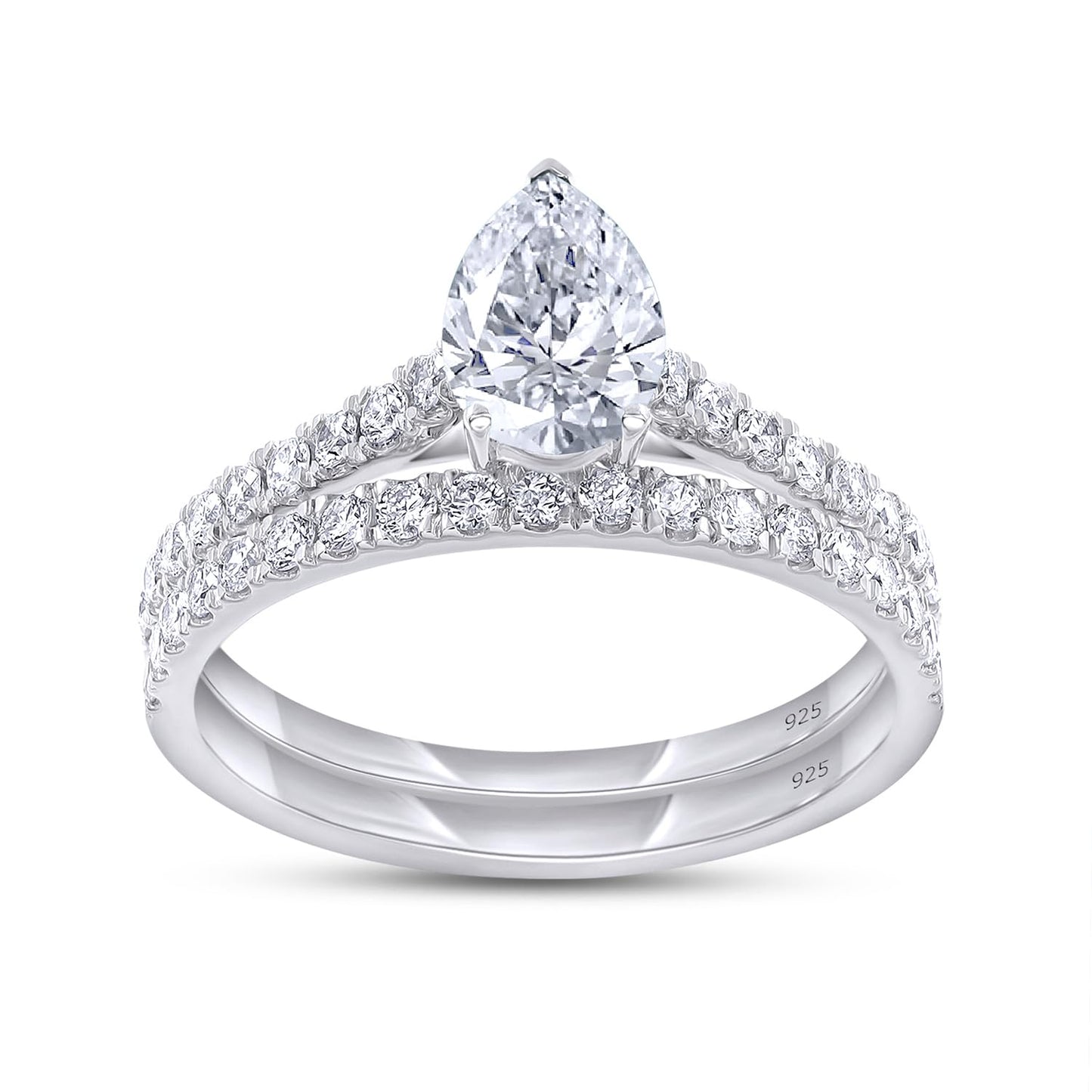 Lab Grown Diamond Pear And Round Shape Teardrop Bridal Ring Set In 14k White Gold Over Sterling Silver