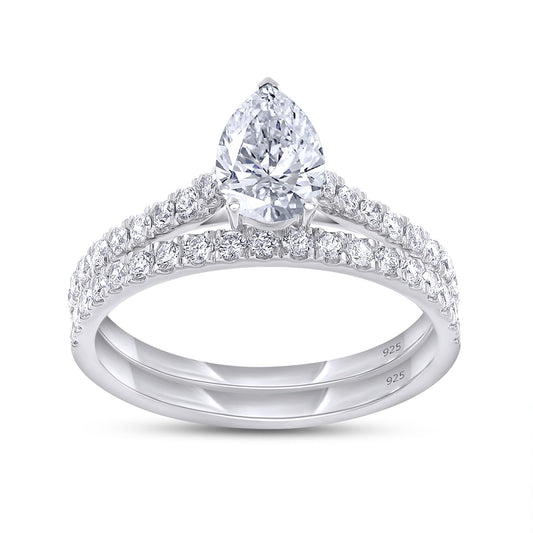 Lab Grown Diamond Pear And Round Shape Teardrop Bridal Ring Set In 14k White Gold Over Sterling Silver