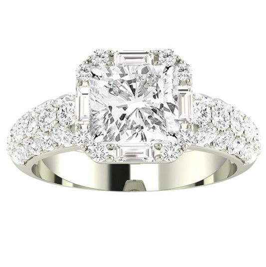 Houston Diamond District 1.75 to 6.75 Carat LAB GROWN Diamond Halo Style Baguette And Pave Set Round Cushion Cut Diamond Engagement Ring (E-F Color VS2-SI1 Clarity) 14K White Gold 1.75 Carat Size-7