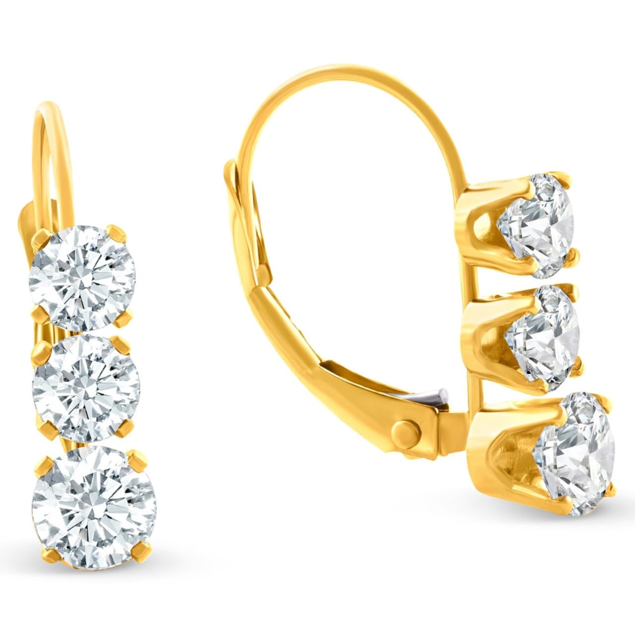 Pompeii 1/2ct 3 Stone Diamond Earrings 14K Yellow Gold Lever Back Hoops