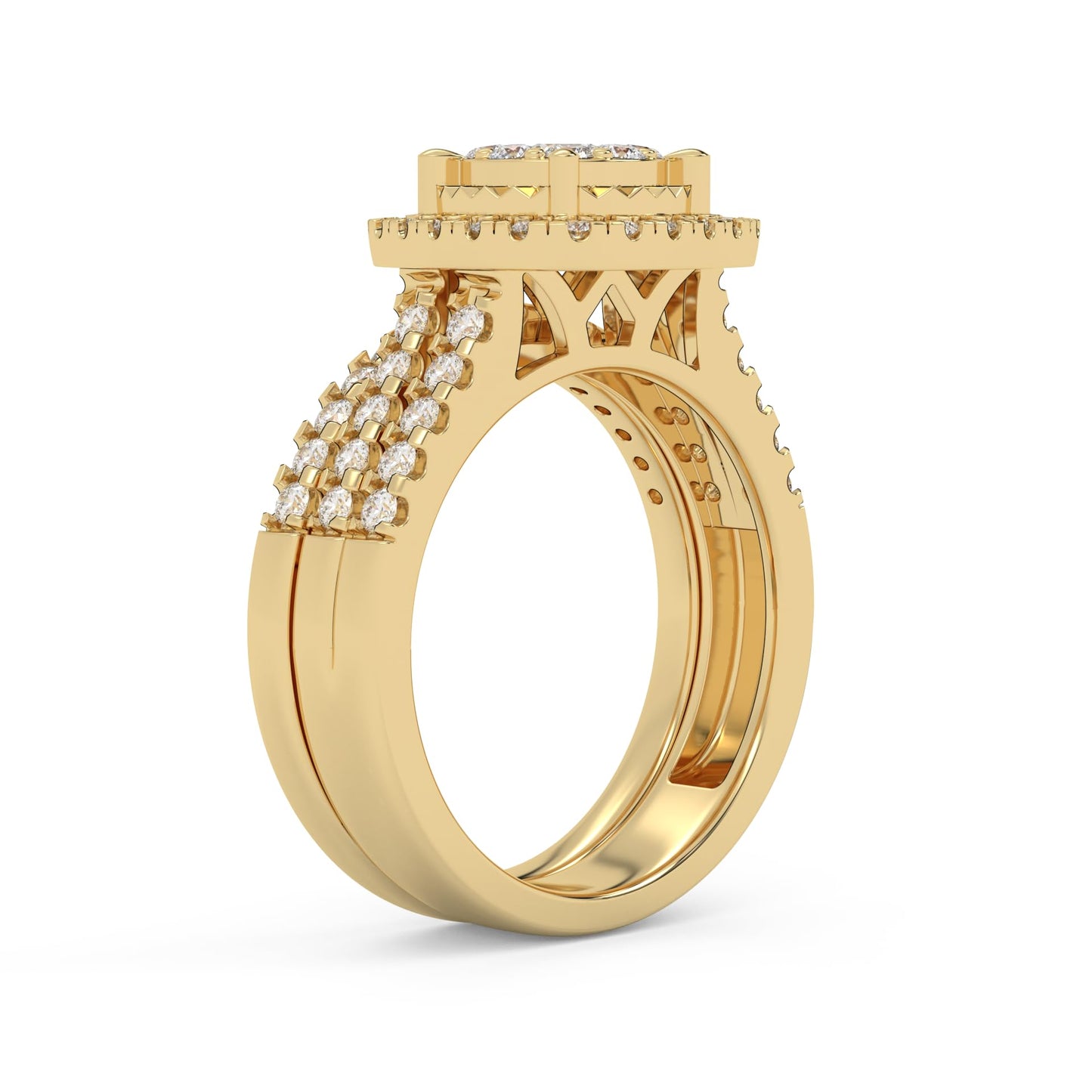 Halo Round Lab Grown Diamond Bridal Engagement Ring Set In 14k Yellow Gold Over Sterling Silver