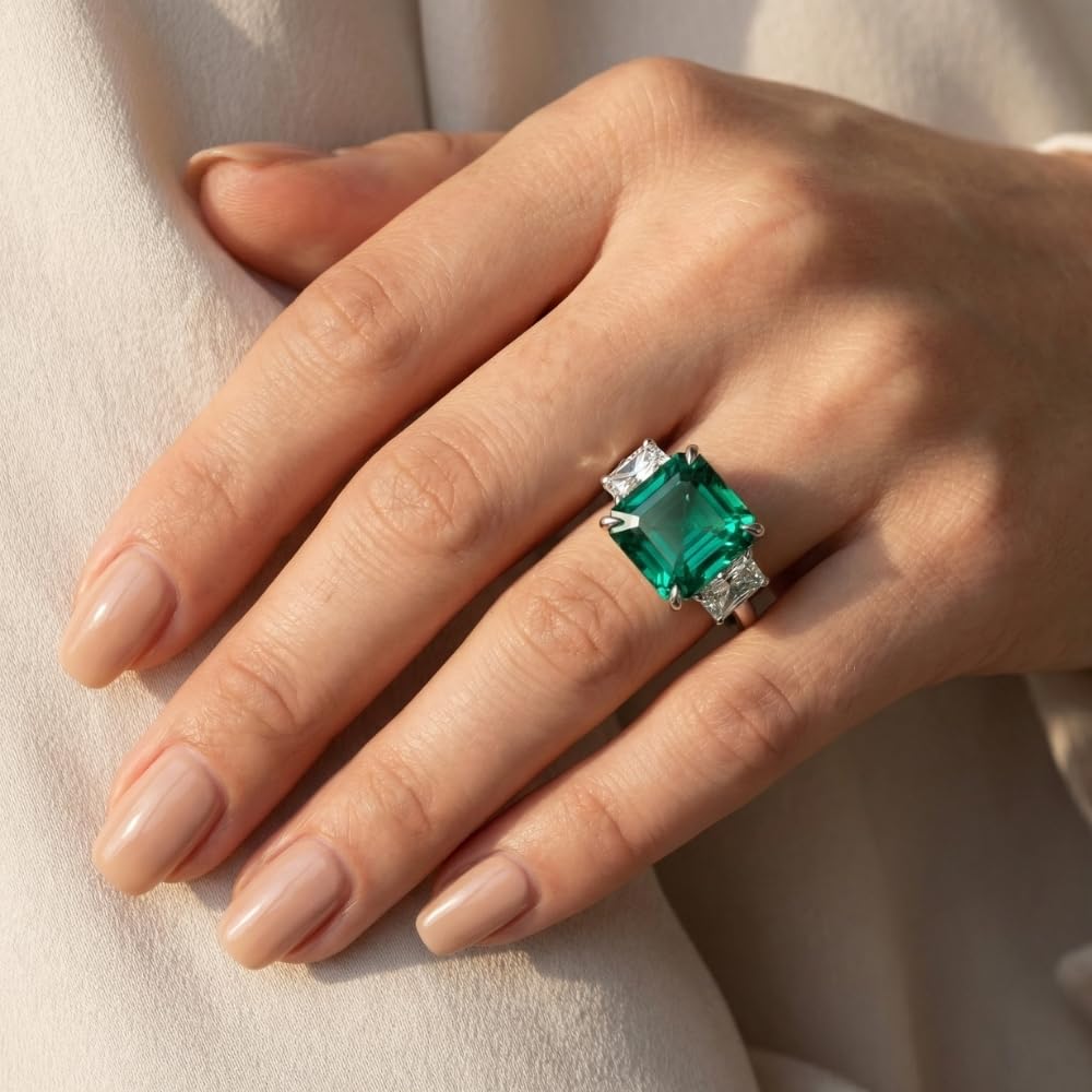 Pompeii 8Ct Asscher Cut Emerald & Diamond Ring 14k Gold or Platinum Lab Grown - Size 4 (F/G,VS1-VS2)