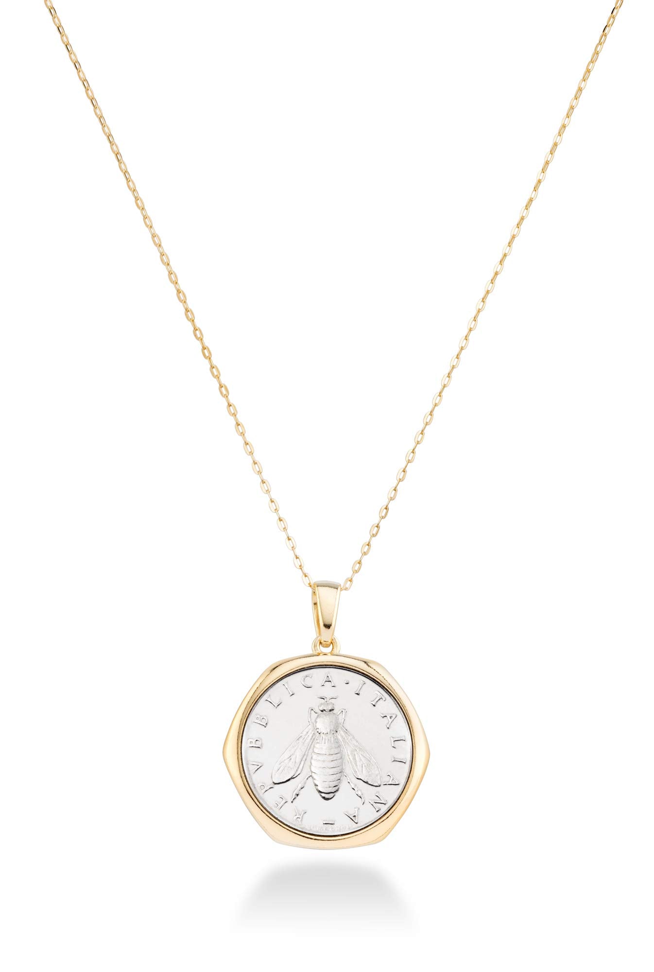Miabella 925 Sterling Silver 18K Gold Italian Lira Bee Coin Necklace