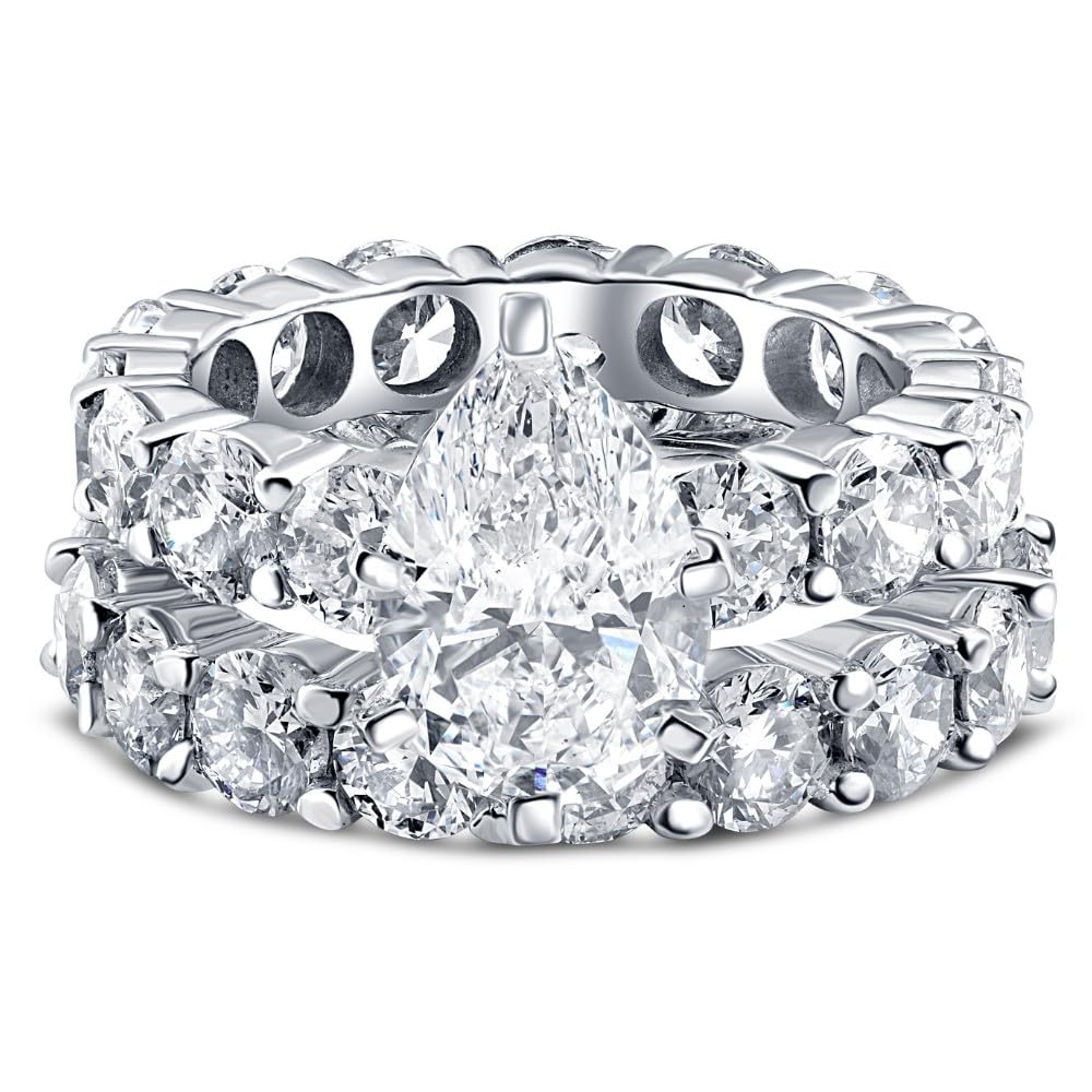 Pompeii Certified 13Ct Pear Shape Diamond Eternity Wedding Ring Set 14k Gold Lab Grown - Size 4 (G/H,VS2-SI1)