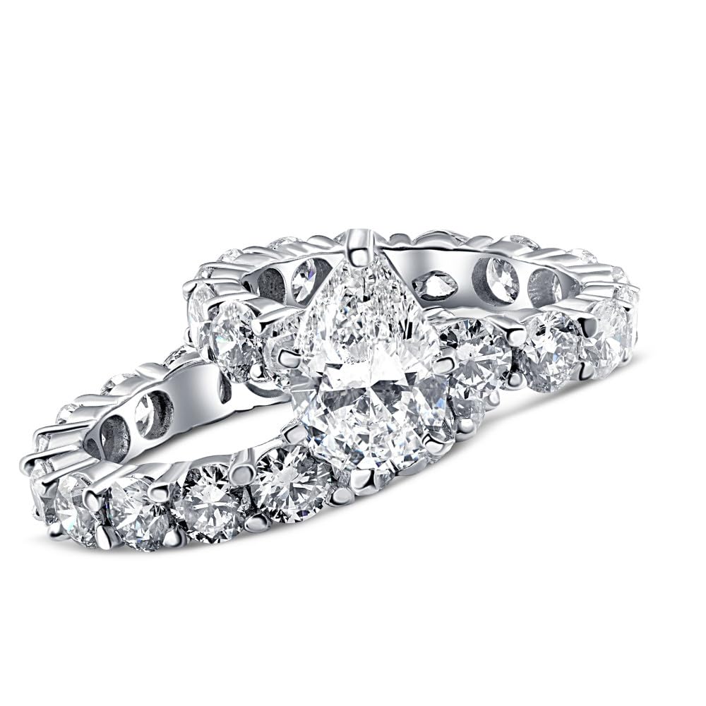 Pompeii Certified 13Ct Pear Shape Diamond Eternity Wedding Ring Set 14k Gold Lab Grown - Size 4 (G/H,VS2-SI1)