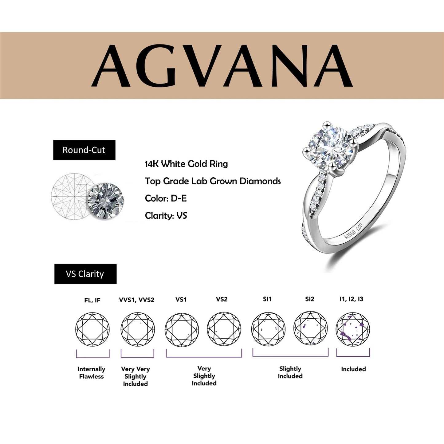 AGVANA 1 Carat Lab Grown Diamond Petite Twisted Vine Ring in 14K White Gold (1.06 Ct.Tw. Main Stone) Engagement Anniversary Wedding Ring for Women (D-E Color, VS Clarity)