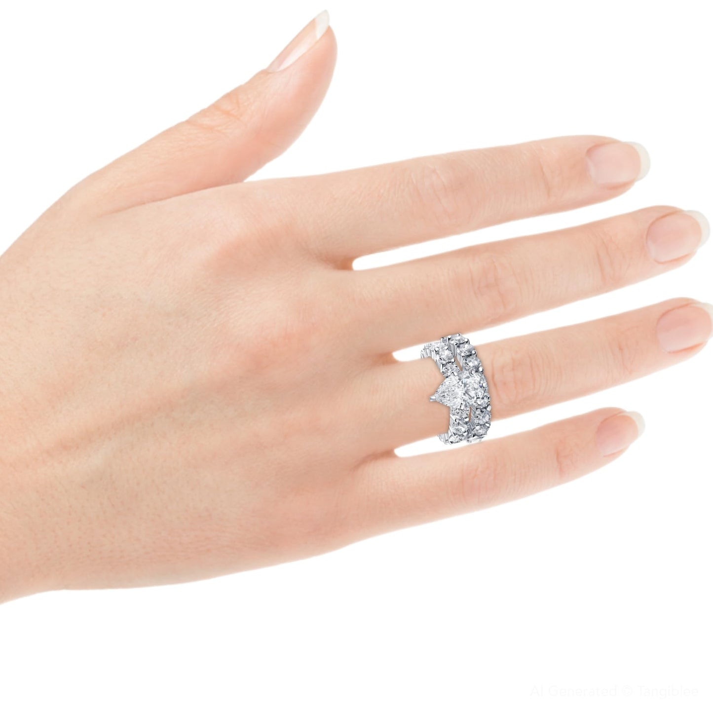 Pompeii Certified 13Ct Pear Shape Diamond Eternity Wedding Ring Set 14k Gold Lab Grown - Size 4 (G/H,VS2-SI1)