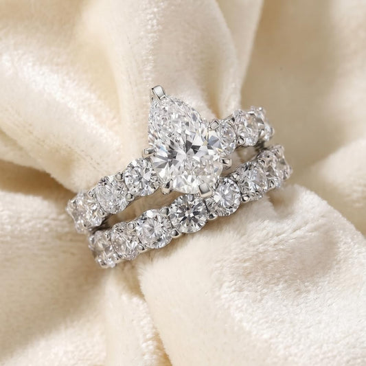 Pompeii Certified 13Ct Pear Shape Diamond Eternity Wedding Ring Set 14k Gold Lab Grown - Size 4 (G/H,VS2-SI1)