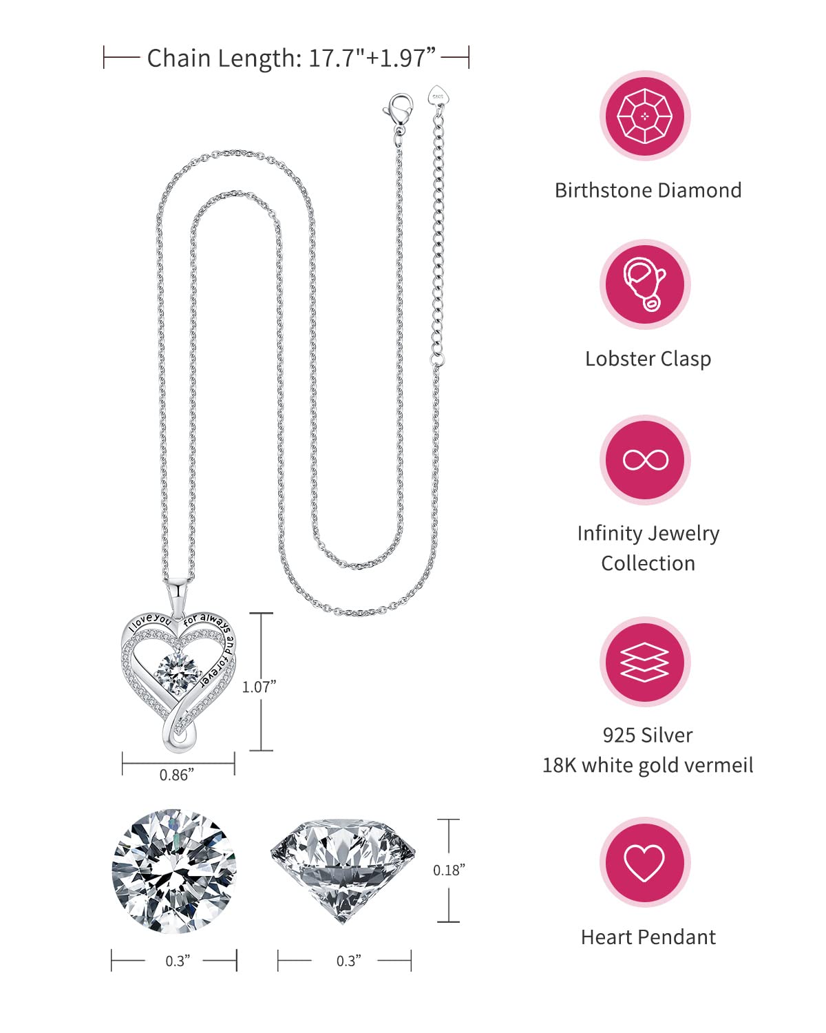 Mkhhy Diamond Birthstone Infinity Heart Necklace for Women Anniversary for Her Wife Birthday Gift Ideas I love you Jewelry for Women Girlfriend S925 Silver Necklaces for Her Mom Daughter April