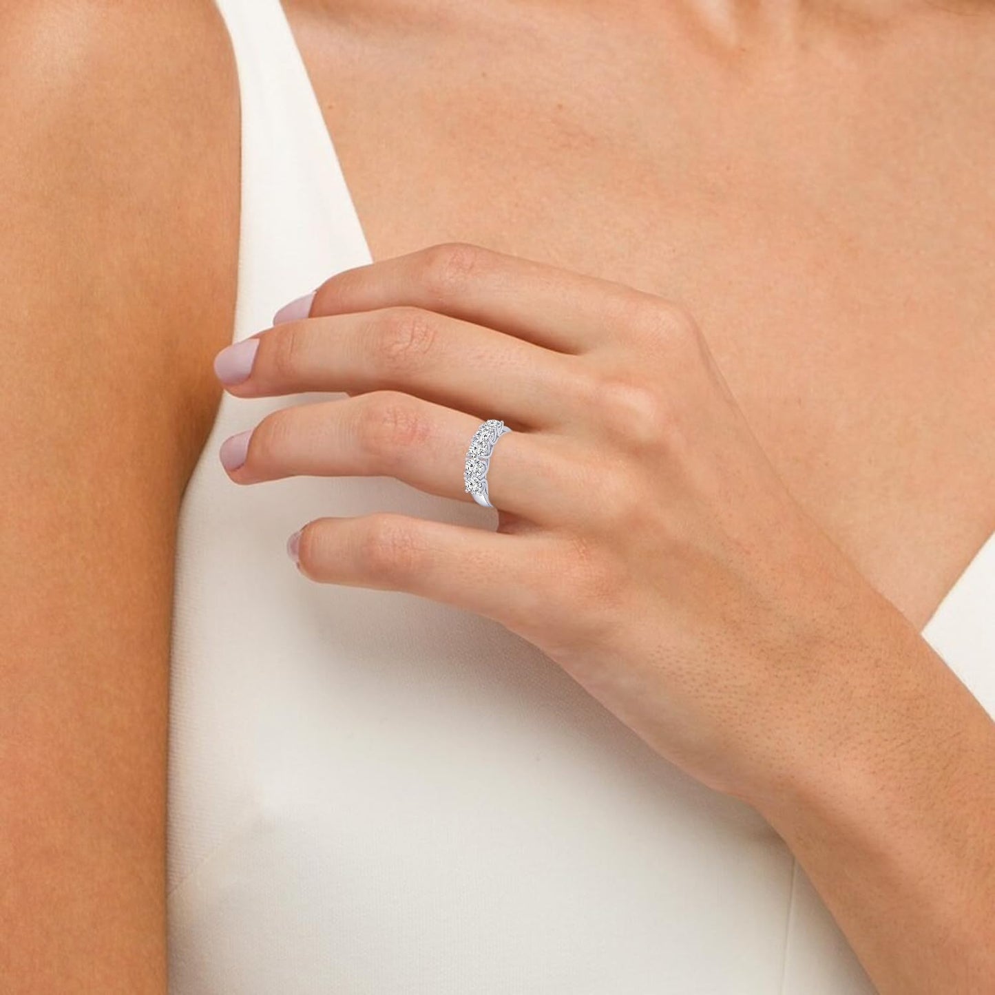 Houston Diamond District 1-6 Carat Round LAB GROWN Diamond Ladies 5 Five Stone Wedding Anniversary Stackable Ring Band (E-F Color VS2-SI1 Clarity) 14K White Gold 1 Carat Size-7
