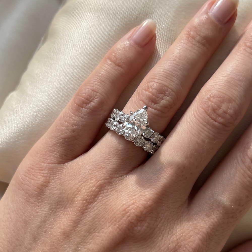 Pompeii Certified 13Ct Pear Shape Diamond Eternity Wedding Ring Set 14k Gold Lab Grown - Size 4 (G/H,VS2-SI1)