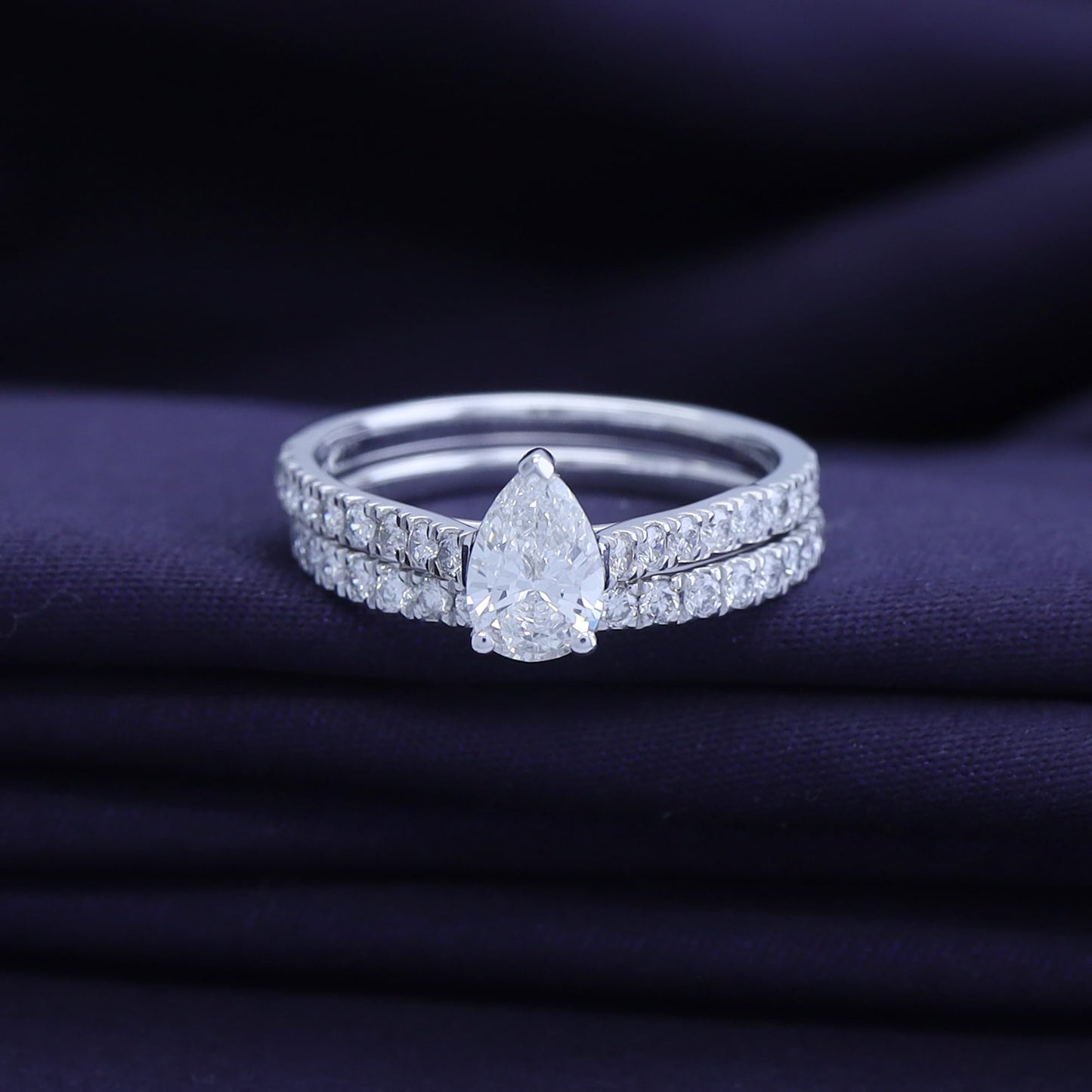 Lab Grown Diamond Pear And Round Shape Teardrop Bridal Ring Set In 14k White Gold Over Sterling Silver