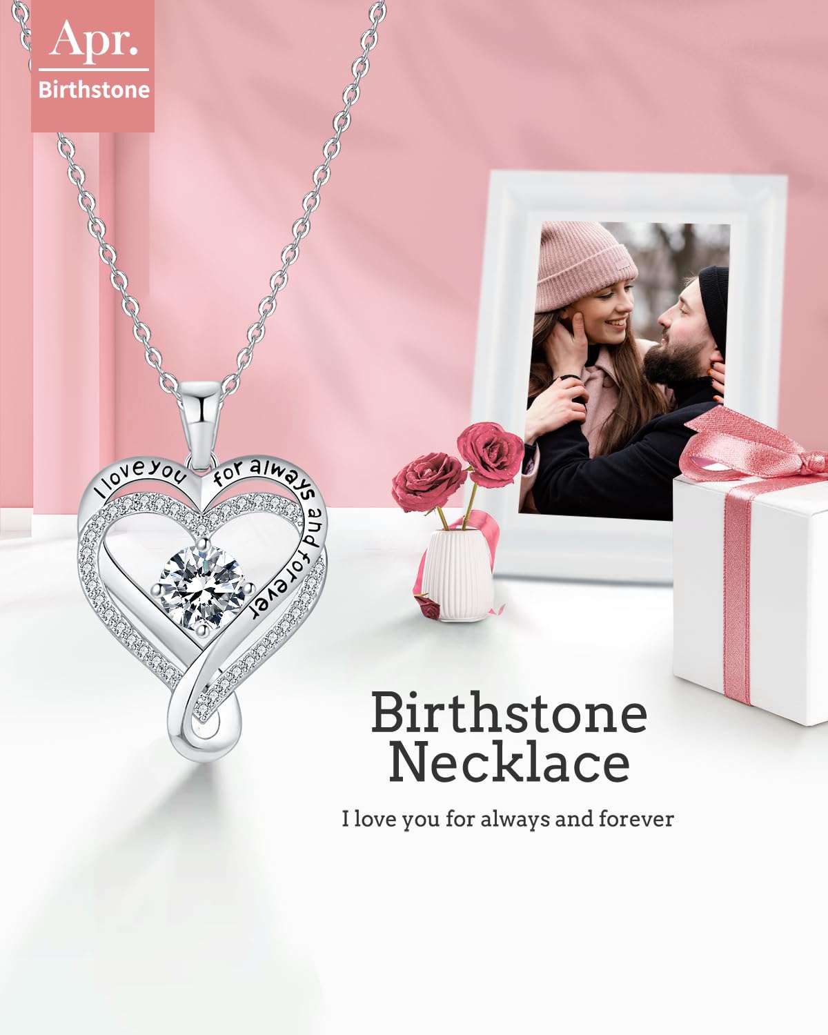 Mkhhy Diamond Birthstone Infinity Heart Necklace for Women Anniversary for Her Wife Birthday Gift Ideas I love you Jewelry for Women Girlfriend S925 Silver Necklaces for Her Mom Daughter April