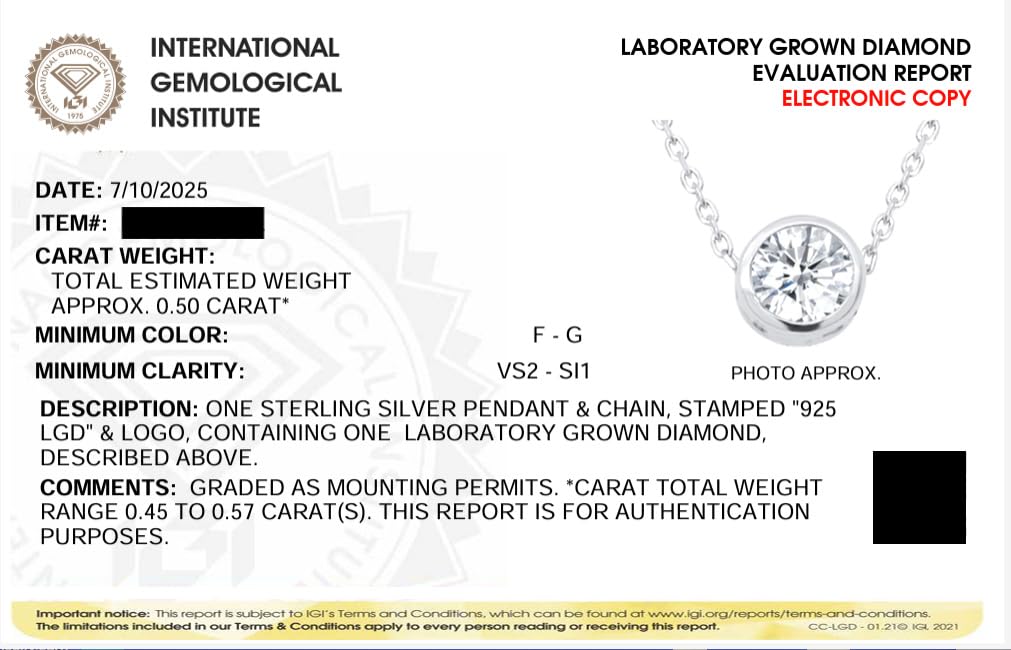 Certified Lab Grown Diamond Solitaire Necklace 1/2 Carat Bezel Set (F-G Color, VS2-SI1 Clarity) Sterling Silver - 18 Inch Chain