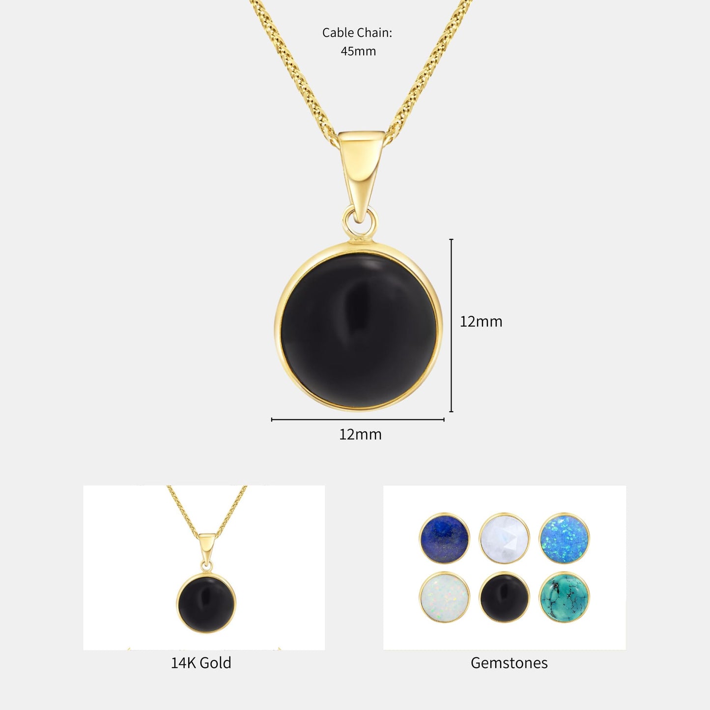 14K Solid Gold Black Onyx Pendant Necklace - Elegant Gothic Gift for Her