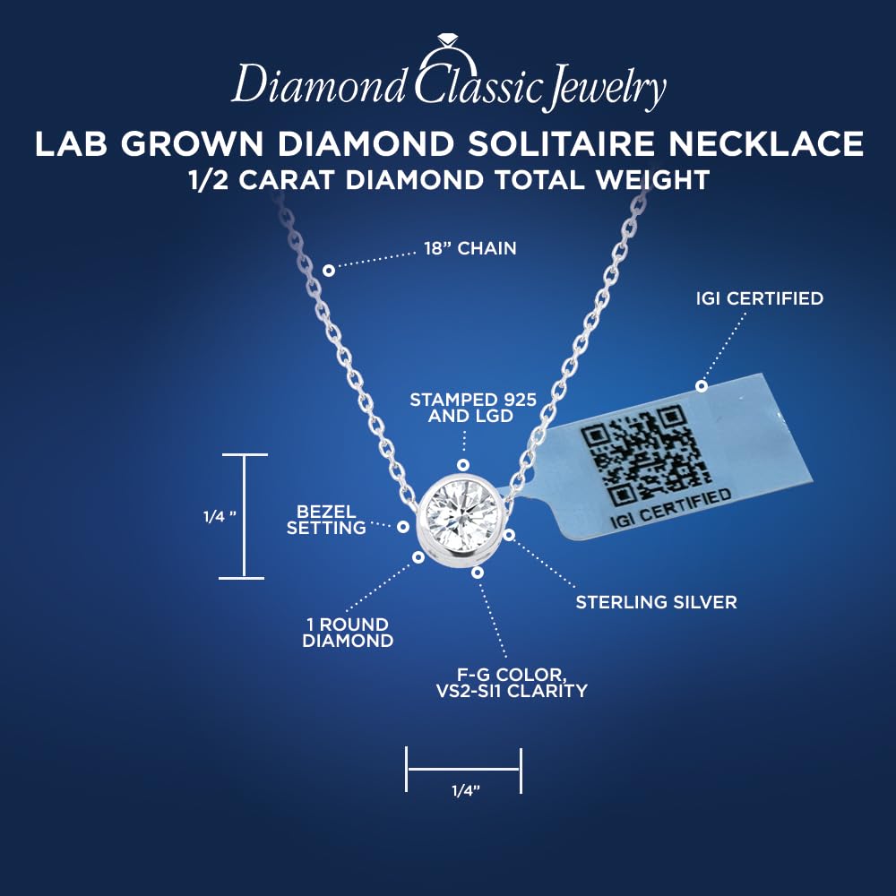 Certified Lab Grown Diamond Solitaire Necklace 1/2 Carat Bezel Set (F-G Color, VS2-SI1 Clarity) Sterling Silver - 18 Inch Chain