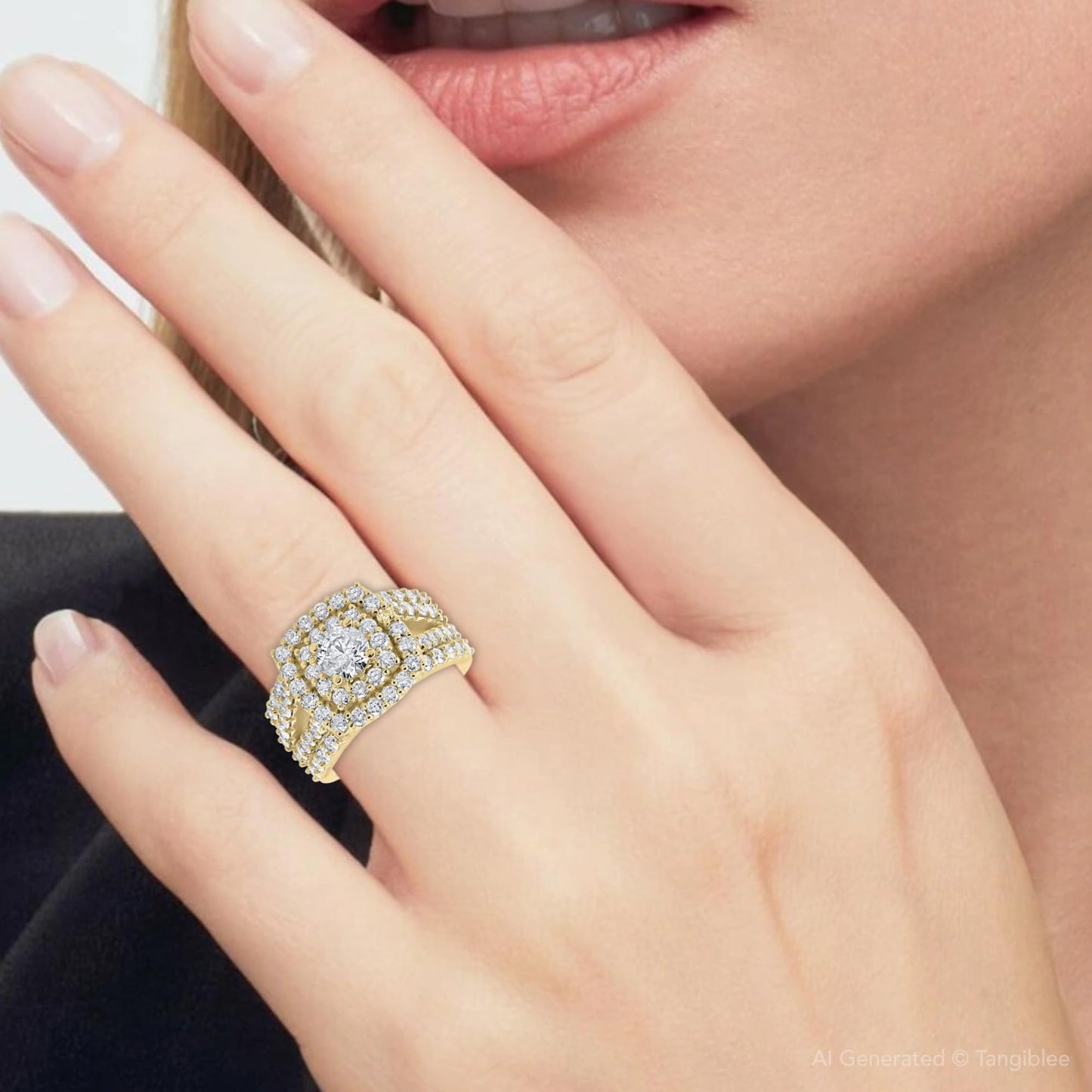Pompeii 3ct Diamond Engagement Wedding Double Cushion Halo Trio Ring Set 10k Yellow Gold - Size 4