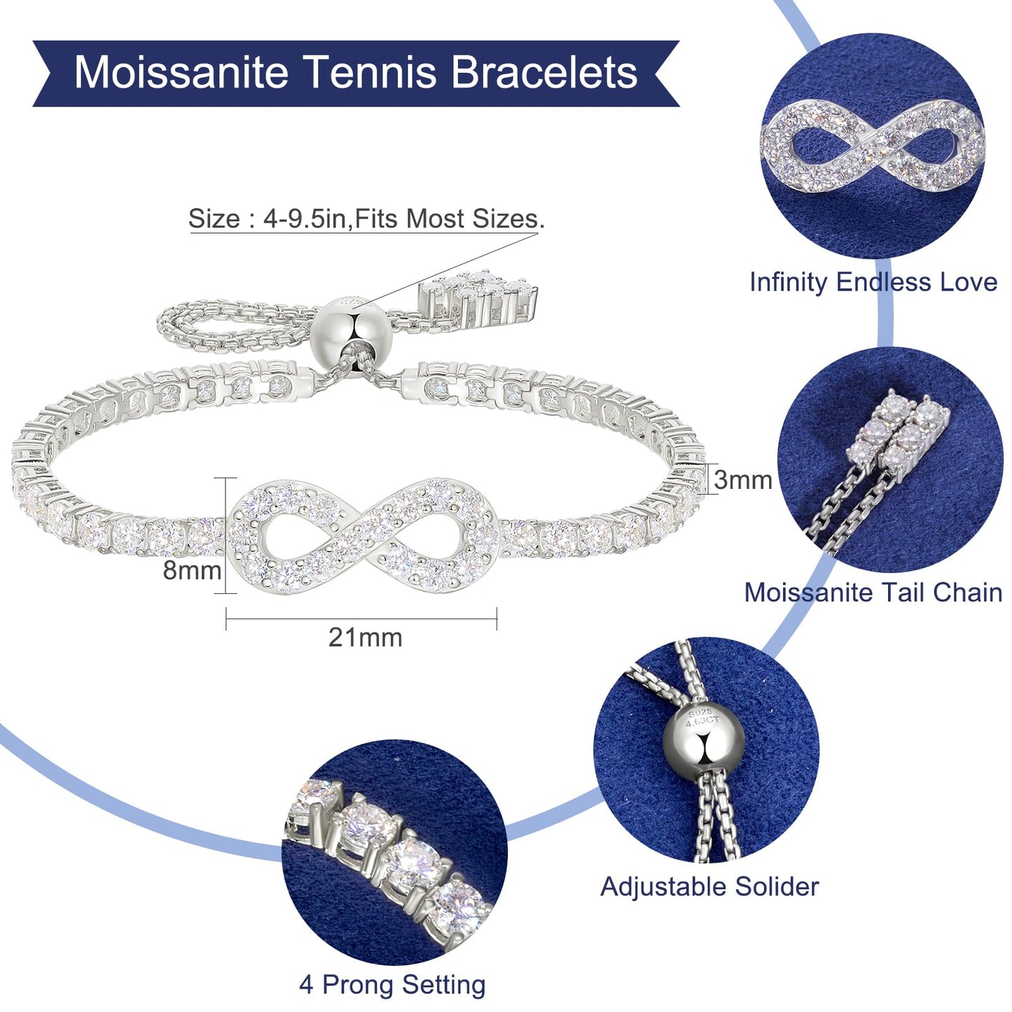 Moissanite Infinity Bracelet, Lab Created Diamond Bracelets for Women, S925 Sterling Silver, 3MM Width, 4-9.5inches, 18K Gold Vermeil Adjustable Tennis Bracelets- Birthday Gifts for Women Wife Her
