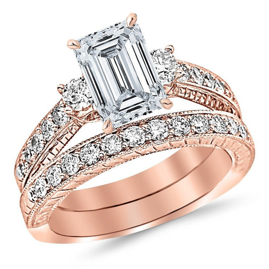 3 Carat Emerald Cut Lab Grown Diamond Vintage Bridal Set in 14K Rose Gold