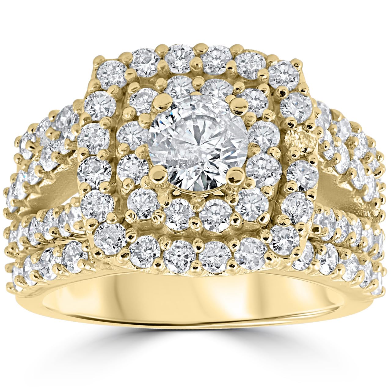 Pompeii 3ct Diamond Engagement Wedding Double Cushion Halo Trio Ring Set 10k Yellow Gold - Size 4
