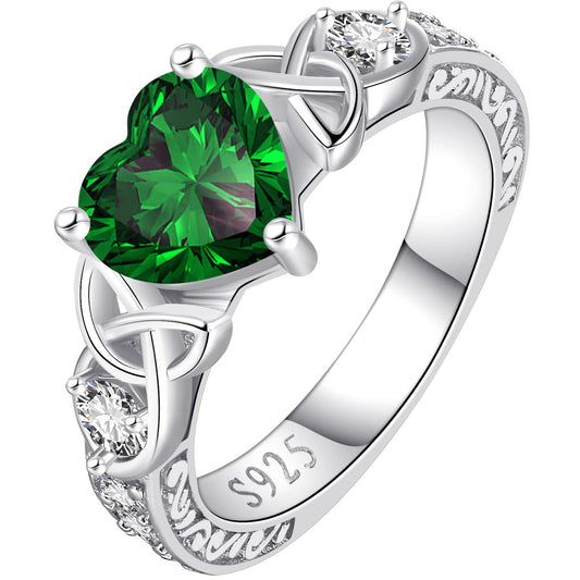 LOIPURI 2CT Heart-Shaped Emerald Moissanite Celtic Knot Ring (925 Sterling Silver)