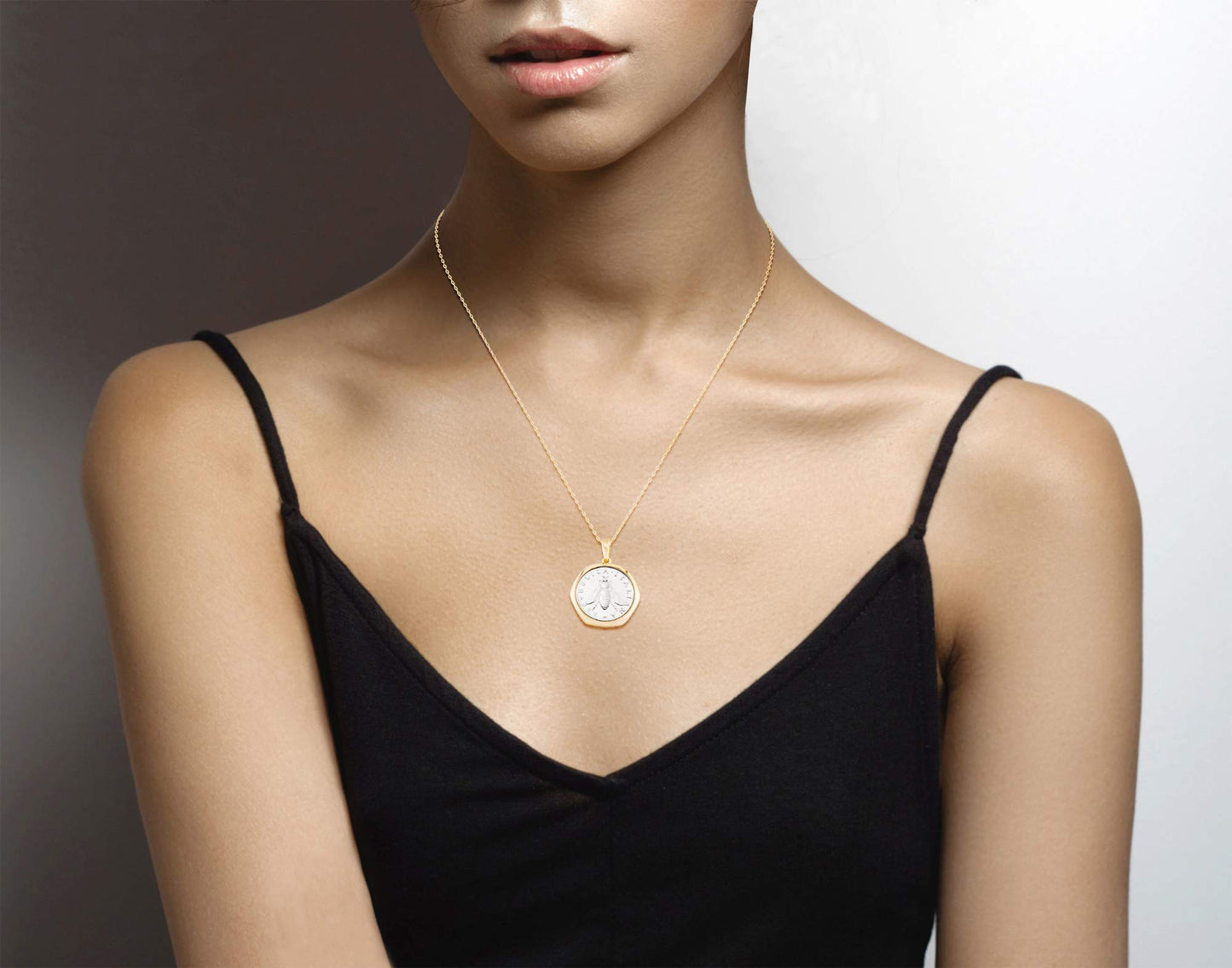 Miabella 925 Sterling Silver 18K Gold Italian Lira Bee Coin Necklace