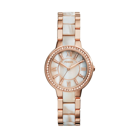 Fossil Women's Watch, Virginia Quartz Stainless Steel and Acetate Three-Hand Watch for Women, Color: Rose Gold/White Horn