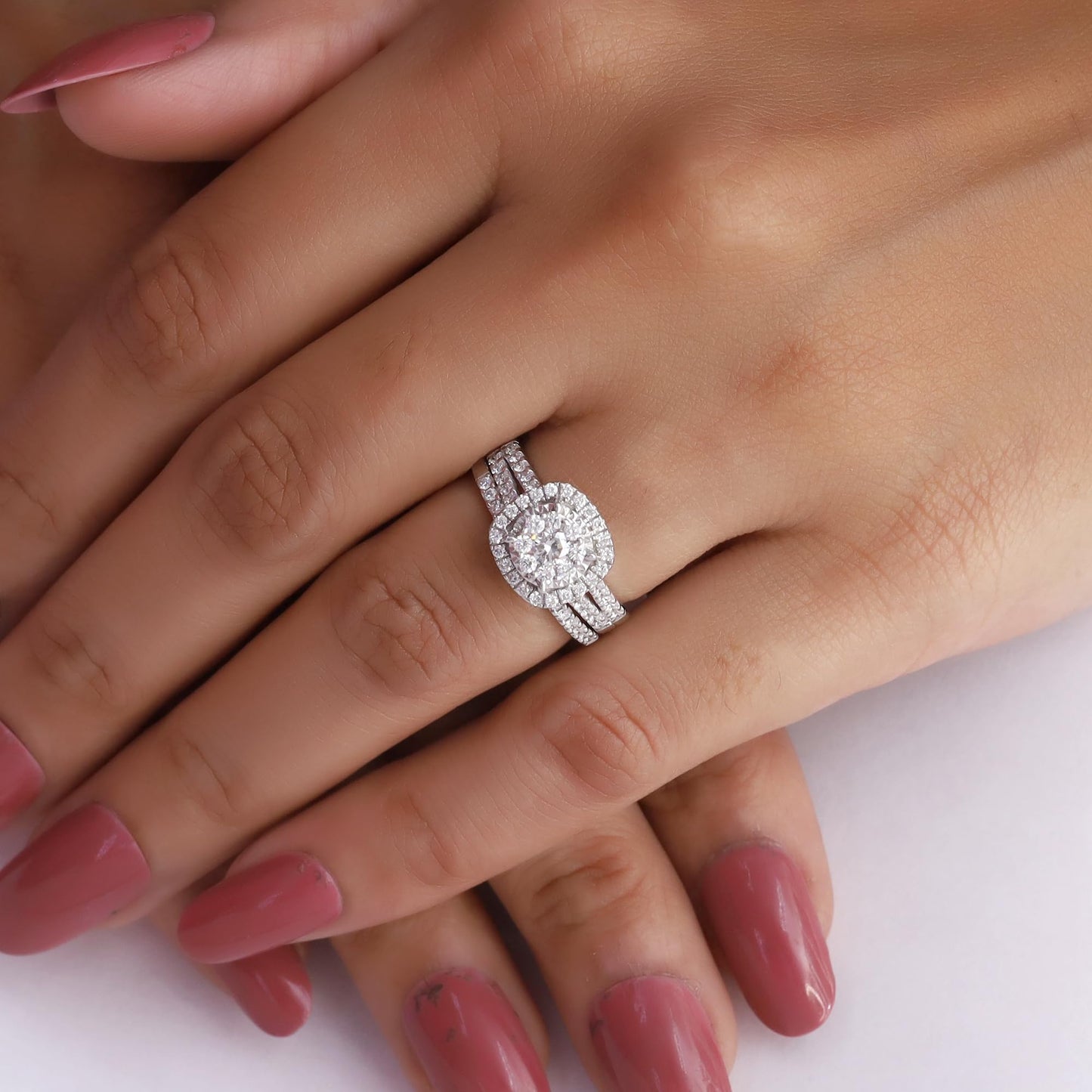 Halo Round Lab Grown Diamond Bridal Engagement Ring Set In 14k Yellow Gold Over Sterling Silver