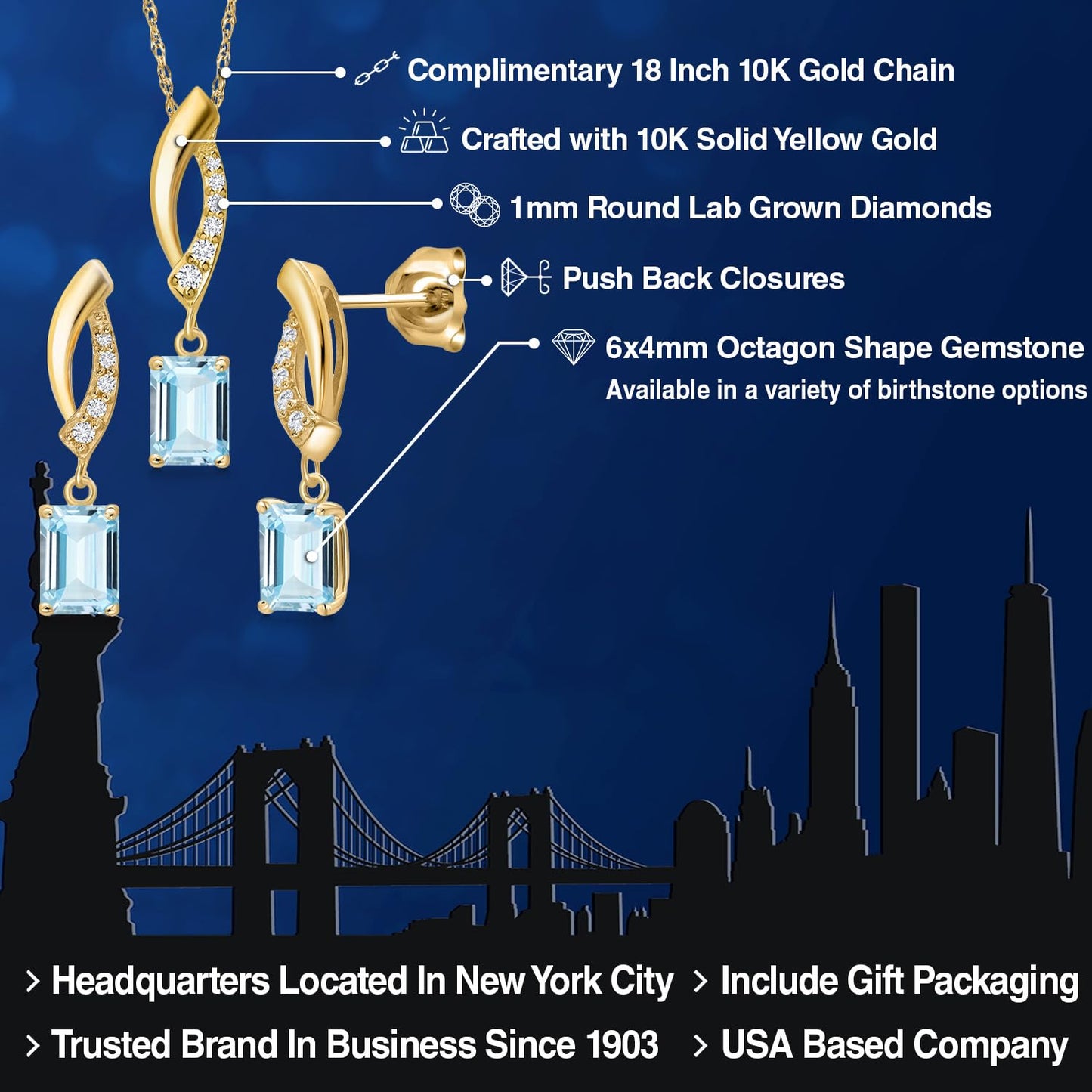Gem Stone King 10K Yellow Gold Sky Blue Aquamarine & Lab Grown Diamond Jewelry Set