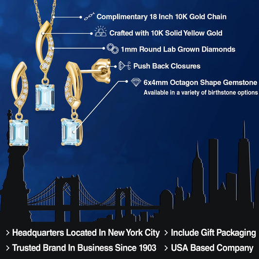 Gem Stone King 10K Yellow Gold Sky Blue Aquamarine & Lab Grown Diamond Jewelry Set