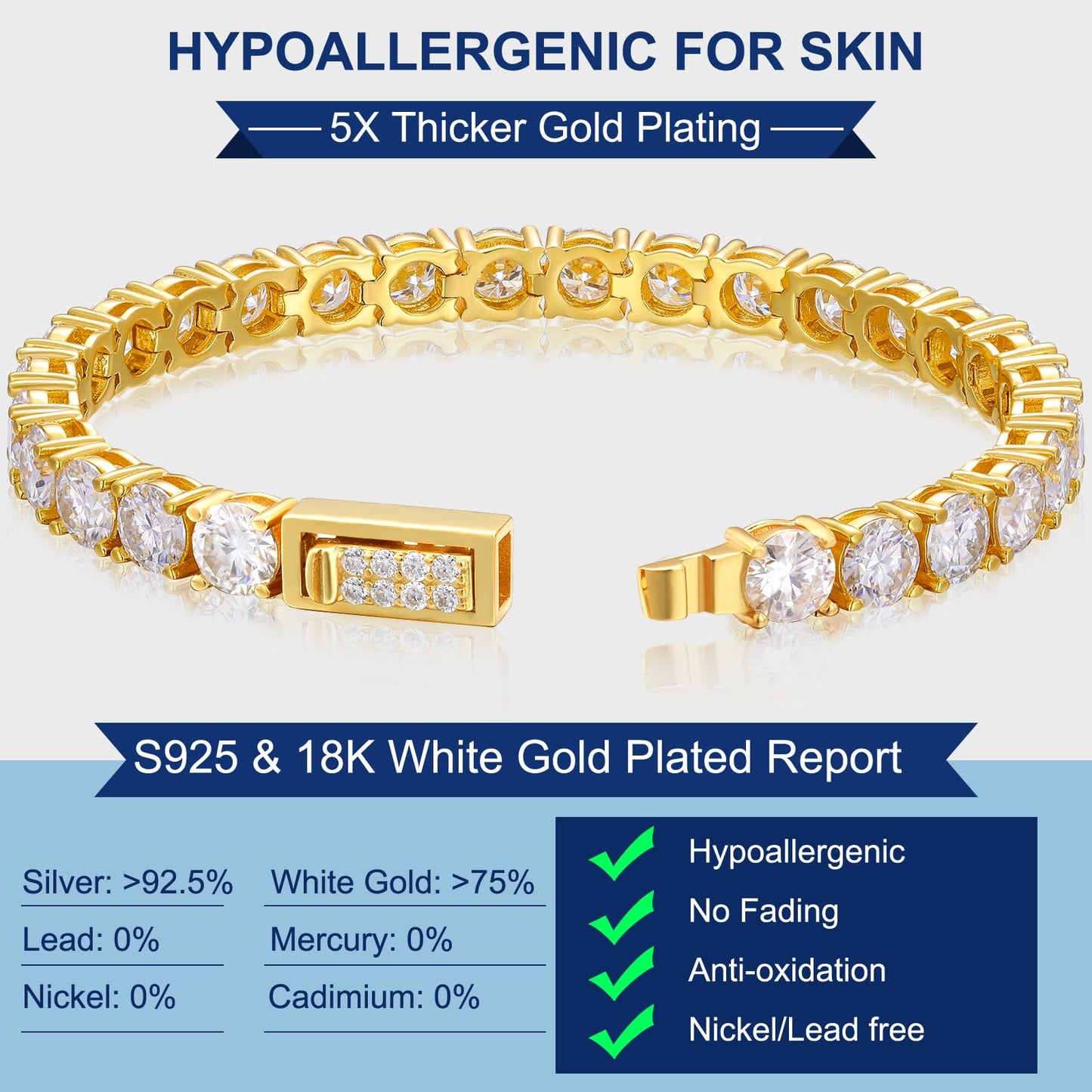 TUHE Moissanite Yellow Gold Plated Sterling Silver Tennis Bracelet