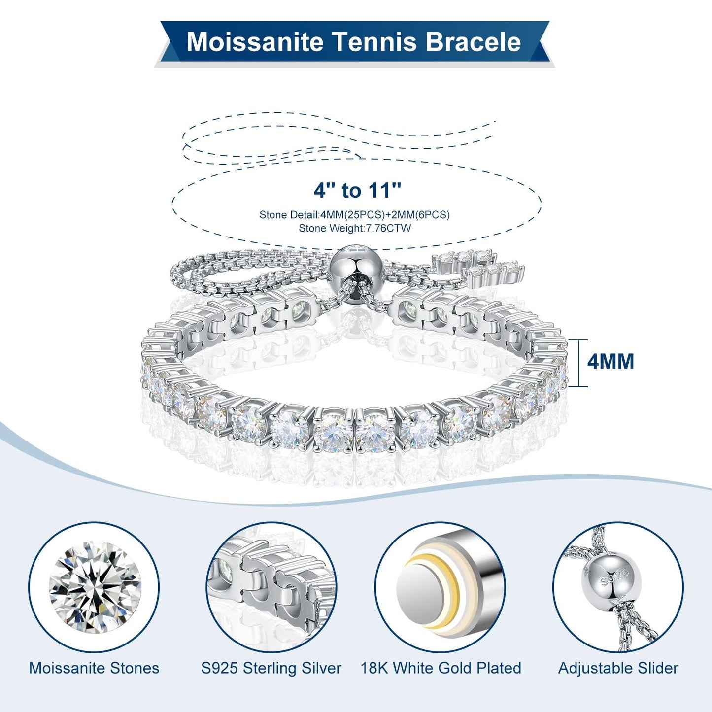 TUHE GRA Certified Adjustable Moissanite Tennis Bracelet (8.69CT)