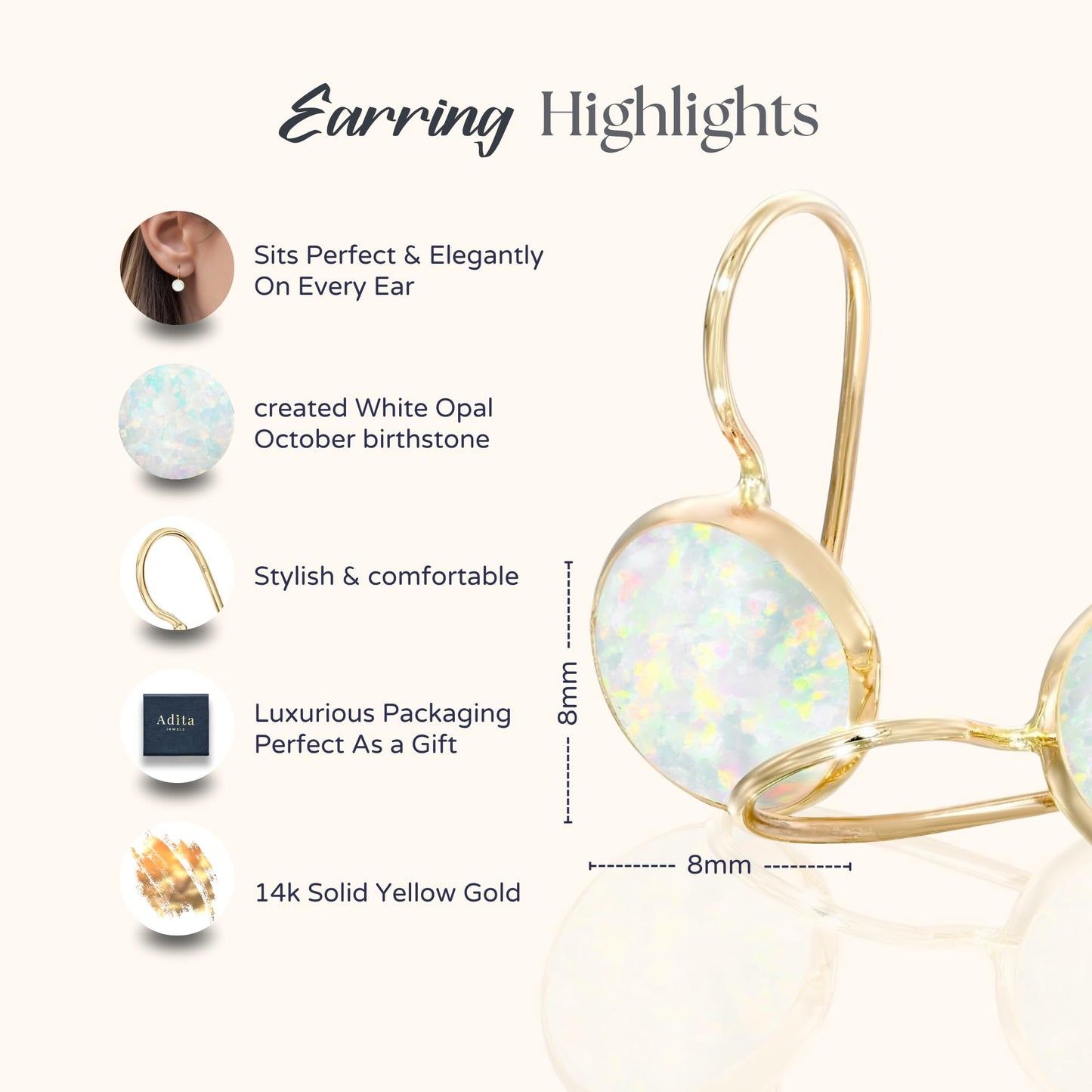 14K Solid Gold White Opal Dangle Earrings - Graduation Gift for Her
